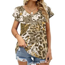 AILLOSA YH-110 V Yakalı Fırfırlı Baskılı Kısa Kollu Kadın T-shirt