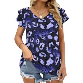 AILLOSA YH-111 V Yakalı Fırfırlı Baskılı Kısa Kollu Kadın T-shirt