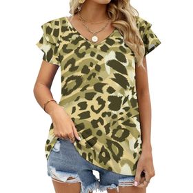 AILLOSA YH-112 V Yakalı Fırfırlı Baskılı Kısa Kollu Kadın T-shirt