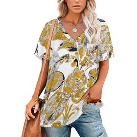 AILLOSA YH-114 Tamamı Baskılı V Yaka Kısa Kollu Kadın T-Shirt