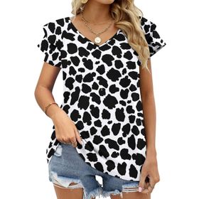 AILLOSA YH-115 V Yakalı Fırfırlı Baskılı Kısa Kollu Kadın T-shirt