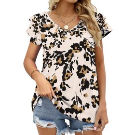 AILLOSA YH-116 V Yakalı Fırfırlı Baskılı Kısa Kollu Kadın T-shirt