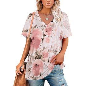 AILLOSA YH-117 Tamamı Baskılı V Yaka Kısa Kollu Kadın T-Shirt