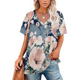 AILLOSA YH-118 Tamamı Baskılı V Yaka Kısa Kollu Kadın T-Shirt