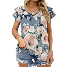 AILLOSA YH-118 V Yakalı Fırfırlı Baskılı Kısa Kollu Kadın T-shirt