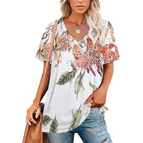AILLOSA YH-119 Tamamı Baskılı V Yaka Kısa Kollu Kadın T-Shirt