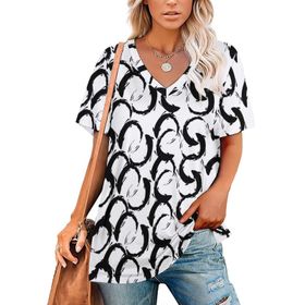 AILLOSA YH-12 Tamamı Baskılı V Yaka Kısa Kollu Kadın T-Shirt