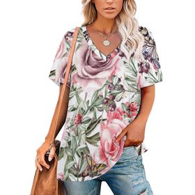 AILLOSA YH-120 Tamamı Baskılı V Yaka Kısa Kollu Kadın T-Shirt