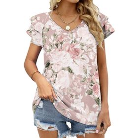AILLOSA YH-121 V Yakalı Fırfırlı Baskılı Kısa Kollu Kadın T-shirt