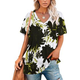 AILLOSA YH-123 Tamamı Baskılı V Yaka Kısa Kollu Kadın T-Shirt