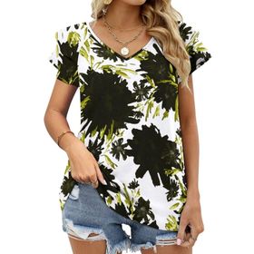 AILLOSA YH-123 V Yakalı Fırfırlı Baskılı Kısa Kollu Kadın T-shirt