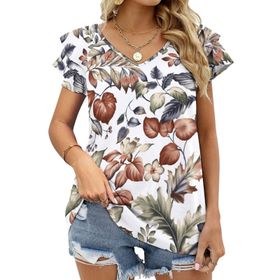 AILLOSA YH-124 V Yakalı Fırfırlı Baskılı Kısa Kollu Kadın T-shirt