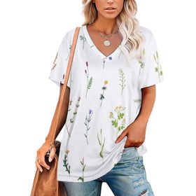 AILLOSA YH-126 Tamamı Baskılı V Yaka Kısa Kollu Kadın T-Shirt