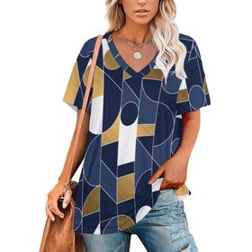 AILLOSA YH-126 Tamamı Baskılı V Yaka Kısa Kollu Kadın T-Shirt