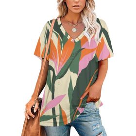 AILLOSA YH-127 Tamamı Baskılı V Yaka Kısa Kollu Kadın T-Shirt