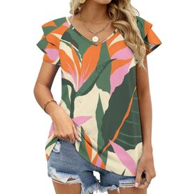 AILLOSA YH-127 V Yakalı Fırfırlı Baskılı Kısa Kollu Kadın T-shirt