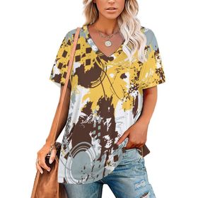 AILLOSA YH-128 Tamamı Baskılı V Yaka Kısa Kollu Kadın T-Shirt