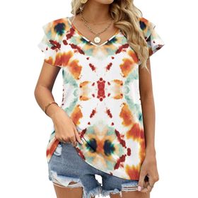 AILLOSA YH-129 V Yakalı Fırfırlı Baskılı Kısa Kollu Kadın T-shirt