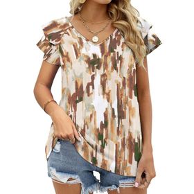 AILLOSA YH-131 V Yakalı Fırfırlı Baskılı Kısa Kollu Kadın T-shirt