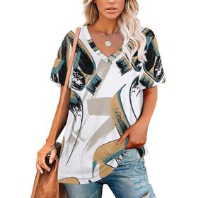 AILLOSA YH-133 Tamamı Baskılı V Yaka Kısa Kollu Kadın T-Shirt