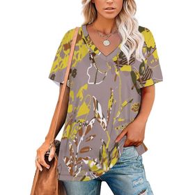 AILLOSA YH-134 Tamamı Baskılı V Yaka Kısa Kollu Kadın T-Shirt