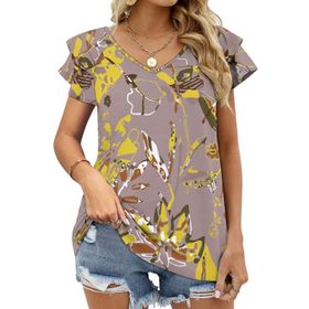 AILLOSA YH-134 V Yakalı Fırfırlı Baskılı Kısa Kollu Kadın T-shirt