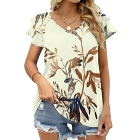 AILLOSA YH-136 V Yakalı Fırfırlı Baskılı Kısa Kollu Kadın T-shirt