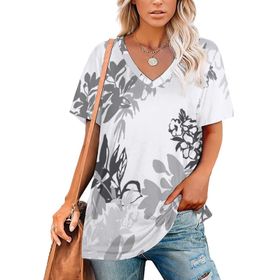 AILLOSA YH-138 Tamamı Baskılı V Yaka Kısa Kollu Kadın T-Shirt