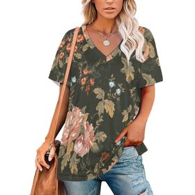AILLOSA YH-14 Tamamı Baskılı V Yaka Kısa Kollu Kadın T-Shirt