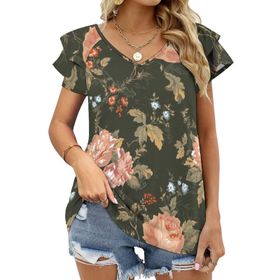 AILLOSA YH-14 V Yakalı Fırfırlı Baskılı Kısa Kollu Kadın T-shirt