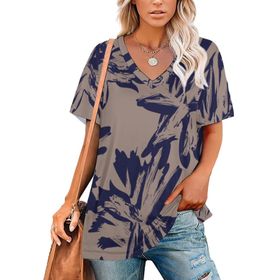 AILLOSA YH-141 Tamamı Baskılı V Yaka Kısa Kollu Kadın T-Shirt