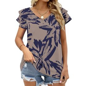 AILLOSA YH-141 V Yakalı Fırfırlı Baskılı Kısa Kollu Kadın T-shirt