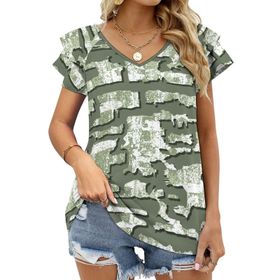 AILLOSA YH-143 V Yakalı Fırfırlı Baskılı Kısa Kollu Kadın T-shirt