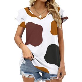 AILLOSA YH-144 V Yakalı Fırfırlı Baskılı Kısa Kollu Kadın T-shirt