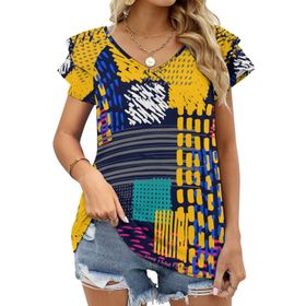 AILLOSA YH-145 V Yakalı Fırfırlı Baskılı Kısa Kollu Kadın T-shirt