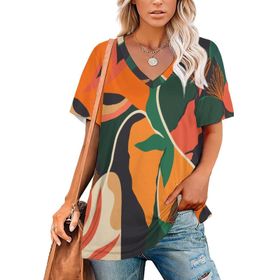 AILLOSA YH-146 Tamamı Baskılı V Yaka Kısa Kollu Kadın T-Shirt