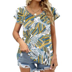 AILLOSA YH-147 V Yakalı Fırfırlı Baskılı Kısa Kollu Kadın T-shirt