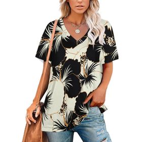 AILLOSA YH-15 Tamamı Baskılı V Yaka Kısa Kollu Kadın T-Shirt