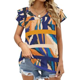 AILLOSA YH-150 V Yakalı Fırfırlı Baskılı Kısa Kollu Kadın T-shirt