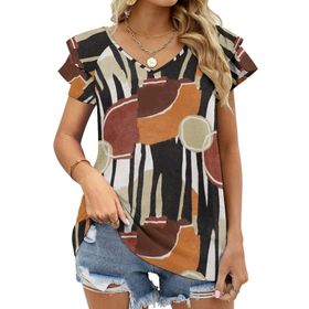 AILLOSA YH-150 V Yakalı Fırfırlı Baskılı Kısa Kollu Kadın T-shirt