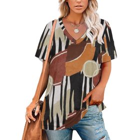 AILLOSA YH-151 Tamamı Baskılı V Yaka Kısa Kollu Kadın T-Shirt