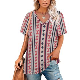 AILLOSA YH-154 Tamamı Baskılı V Yaka Kısa Kollu Kadın T-Shirt