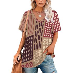 AILLOSA YH-155 Tamamı Baskılı V Yaka Kısa Kollu Kadın T-Shirt