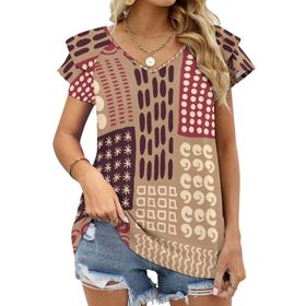 AILLOSA YH-155 V Yakalı Fırfırlı Baskılı Kısa Kollu Kadın T-shirt