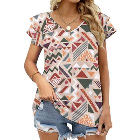 AILLOSA YH-157 V Yakalı Fırfırlı Baskılı Kısa Kollu Kadın T-shirt