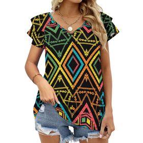 AILLOSA YH-158 V Yakalı Fırfırlı Baskılı Kısa Kollu Kadın T-shirt