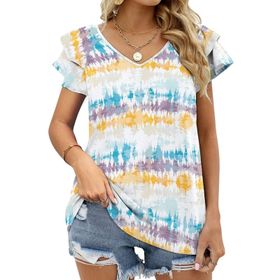 AILLOSA YH-159 V Yakalı Fırfırlı Baskılı Kısa Kollu Kadın T-shirt