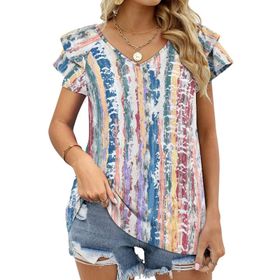 AILLOSA YH-161 V Yakalı Fırfırlı Baskılı Kısa Kollu Kadın T-shirt