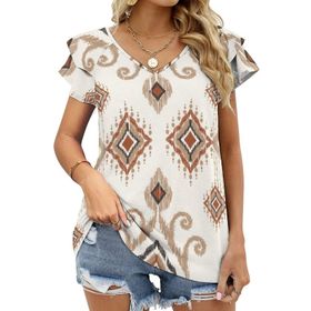 AILLOSA YH-162 V Yakalı Fırfırlı Baskılı Kısa Kollu Kadın T-shirt
