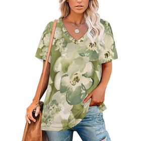 AILLOSA YH-165 Tamamı Baskılı V Yaka Kısa Kollu Kadın T-Shirt